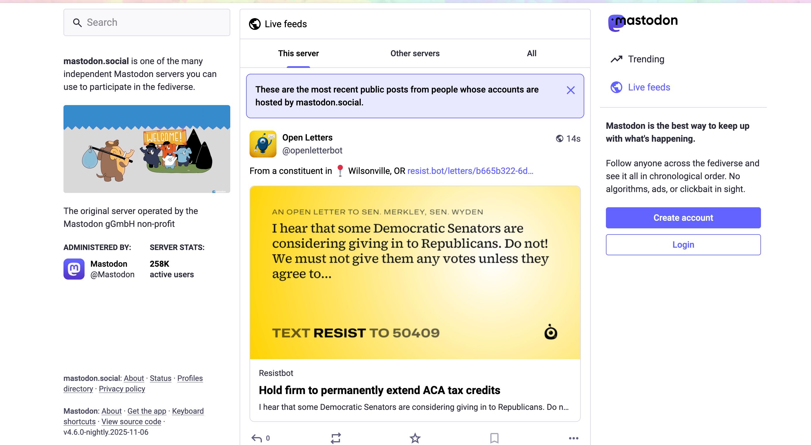 Mastodon.social home page, showing the live feed of most recent messages from members.