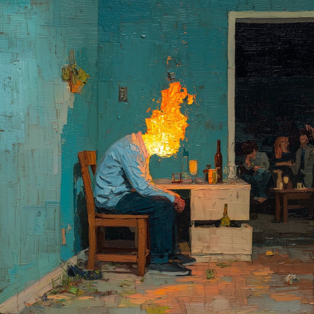 An oil painting with thick, visible brushstrokes showing a person in a blue shirt and dark pants sitting hunched at a desk in a room with teal walls. Their head is entirely replaced by a large orange and yellow flame.