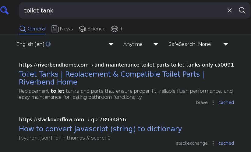 Ricerca di "toilet tank" con SearXNG.
Il secondo risultato è una pagina di Stackoverflow dal titolo "How to convert javascript (string) to dictionary".
