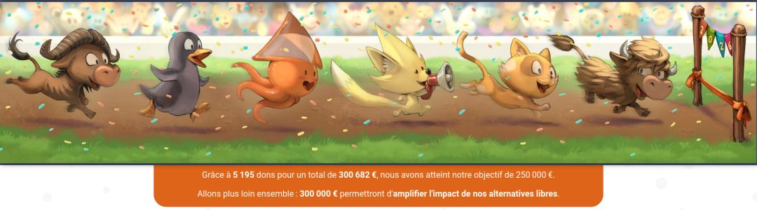 La bannière de don de la page "Soutenir" de Framasoft.

En bas, un texte indique : « Grâce à 5 195 dons pour un total de 300 682 €, nous avons atteint notre objectif de 250 000 €.

Allons plus loin ensemble : 300 000 € permettront d'amplifier l'impact de nos alternatives libres. »
