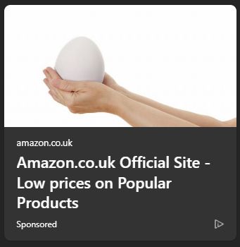 ad for amazon.co.uk: "Amazon.co.uk Official Site - Low prices on Popular Products". the image is of two hands cupped below what appears to be an extremely large egg.