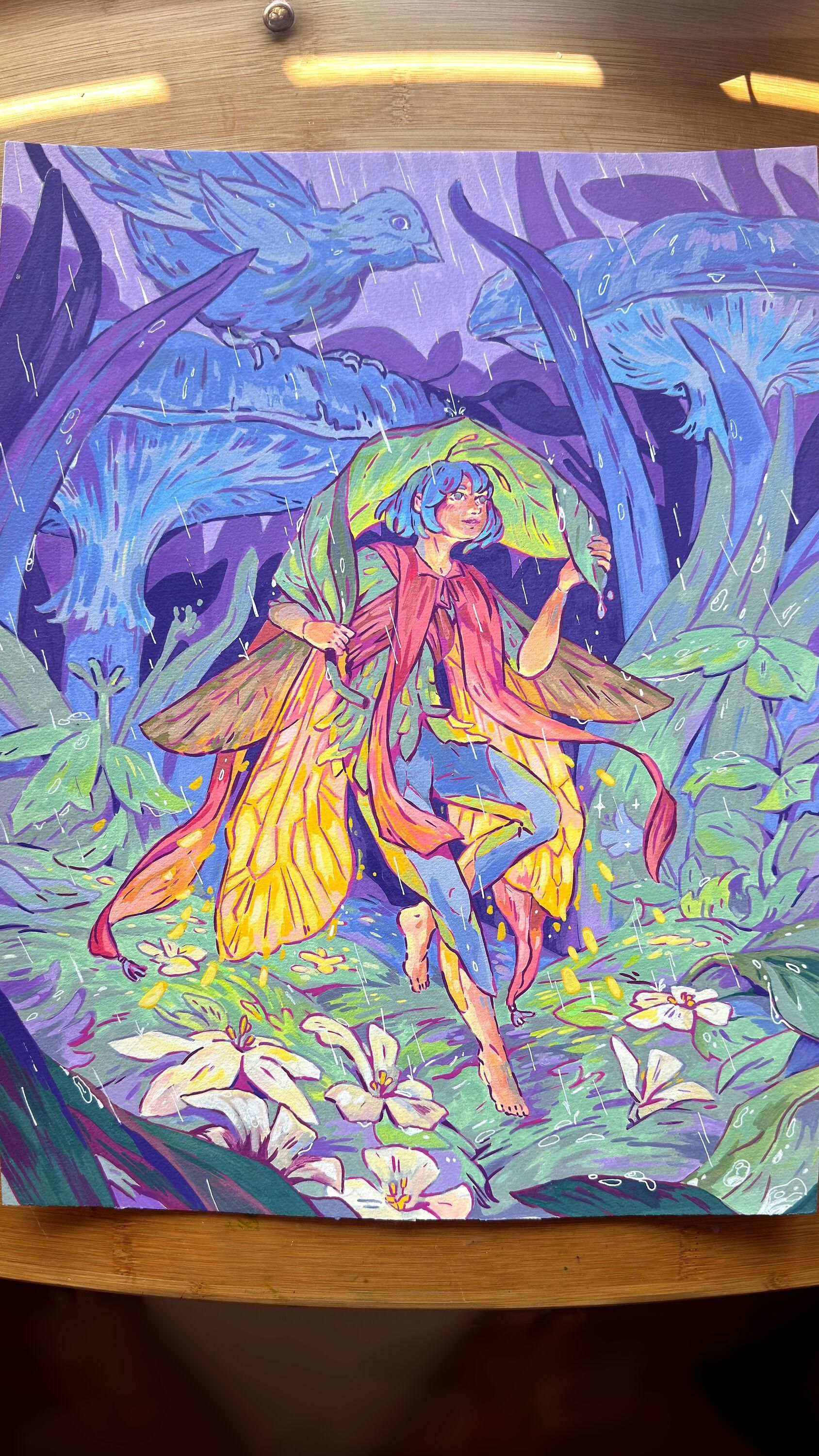 acrylic painting of a firefly inspired girl with glowing wings