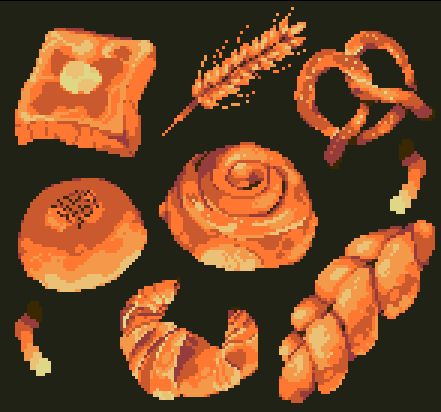 a set of pixel art breads