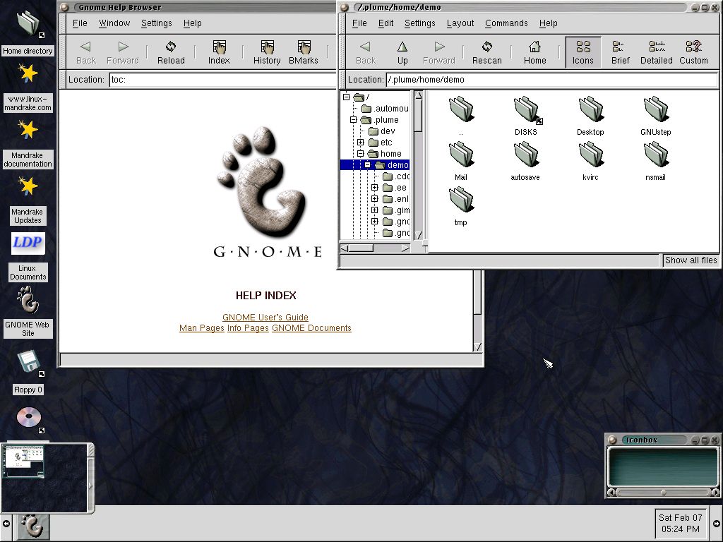 Screenshot of Gnome 1 desktop on Mandrake 6 DemoLinux, showing default desktop: a help browser, a file browser, a handful of icons on the desktop