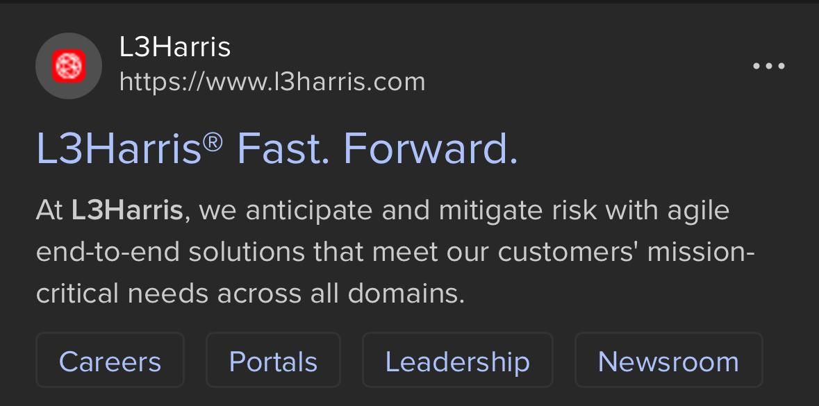 Search results for L3 Harris, indicating they anticipate and mitigate risk with agile and to end solutions.