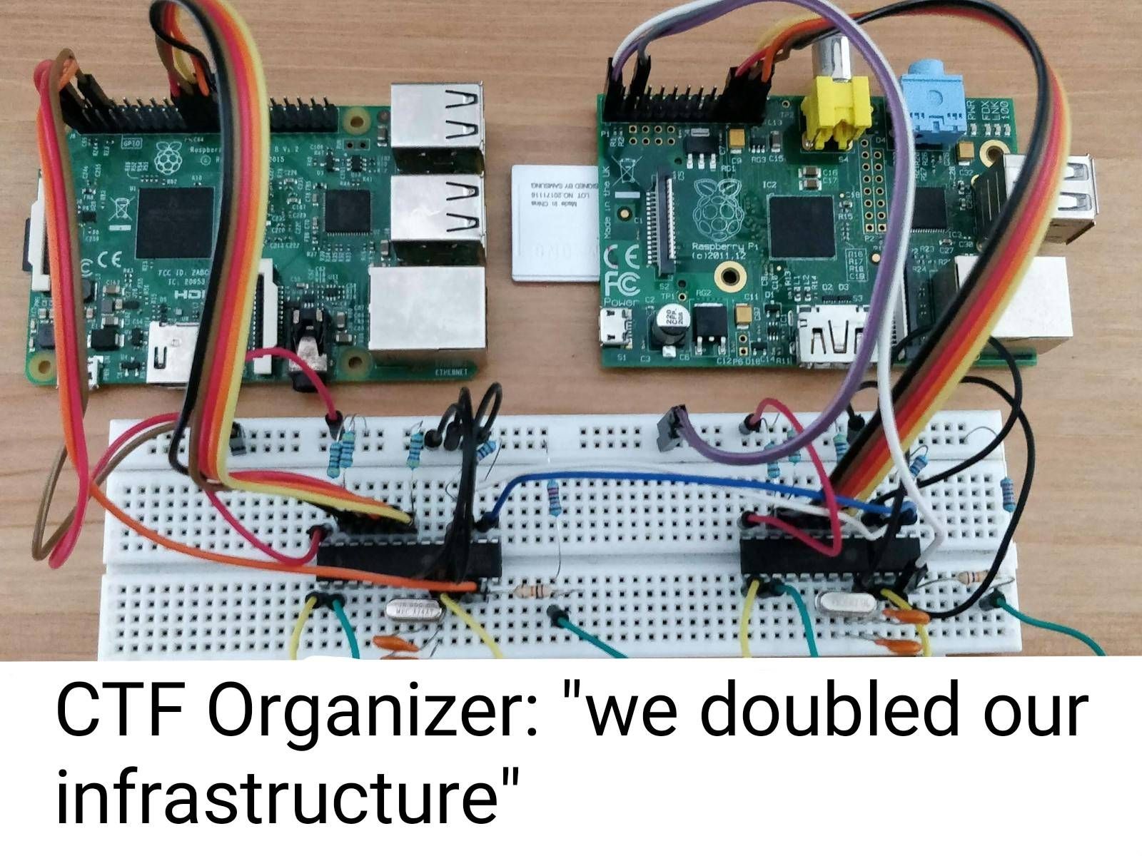 Two raspberry pi's connected via GPIO pins using asmall breadboard

Caption: "CTF Organizer: we doubled our infrastructure"