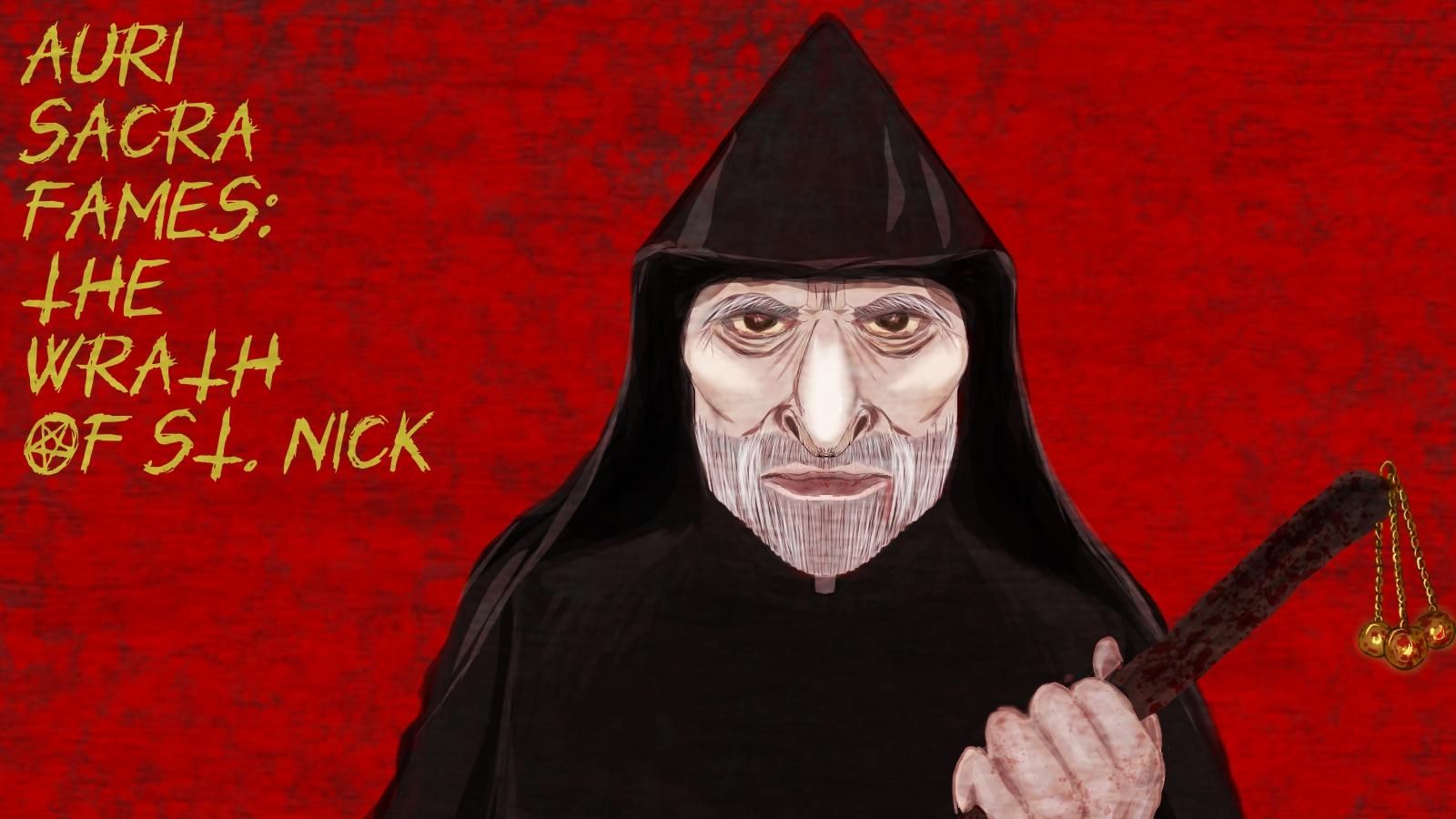 Ein älterer, bärtiger Mann im Habit eines Armenisch-Orthodoxen Bischofs, das aus einer schwarzen, spitzen Kapuzenhaube und einem schwarzen Gehrock besteht, mit einem leichten Blutfaden im Mundwinkel, der in seinen Vollbart läuft, steht vor einem blutrot-fleckigen Hintergrund und blickt finster in die Kamera. Seine linke Hand mit leichten Blutspuren trägt einen ebenfalls blutverschmierten Holzstock, an deren Spitze drei mit blut bespritzte goldene Kugeln von einer Kette herab hängen. Links von dem Mann, in goldfarbenen Lettern: "Auri sacra fames (lateinisch: Verfluchte Gier nach Gold): The Wrath of St. Nick".