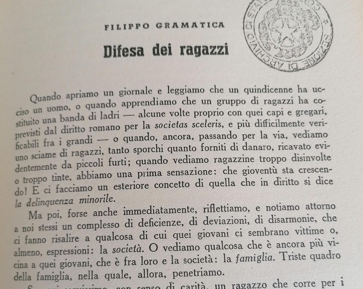 Stralcio introduttivo dell'articolo "Difesa dei ragazzi", di Filippo Gramatica, pubblicato sul n. 6 di Realtà Nuova, giugno 1950.