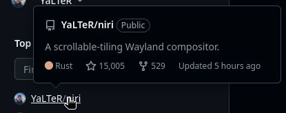 Hover popup on GitHub showing 15,005 stars on the niri repo.