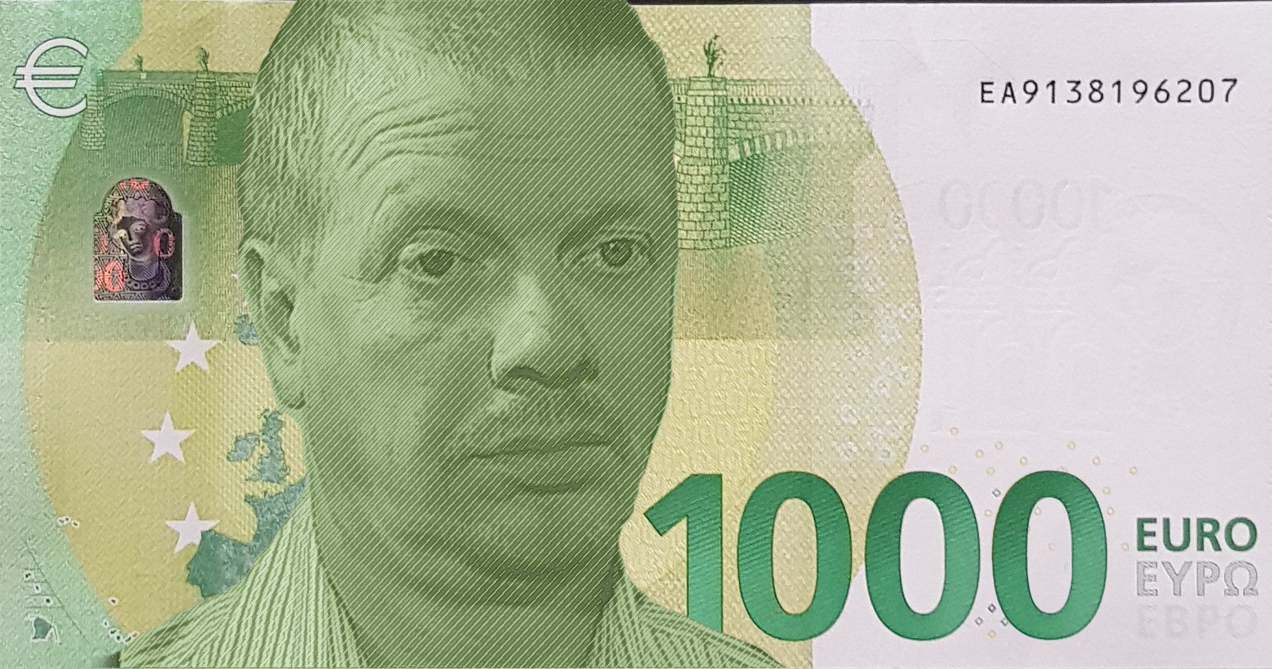 A hundred euro bill, Photoshopped to be a 1000 euro bill, featuring the one and only Heikki Silvennoinen as the "face of the bill".