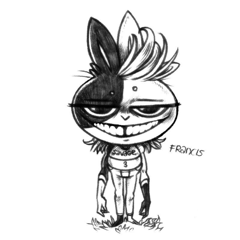 a drawing of a creepy humanoid rabbit named Francis, with long and thin arms and legs, a very large and toothy grin, half of their face is covered in a black patch. They are wearing a crop top that says SAVAGE.