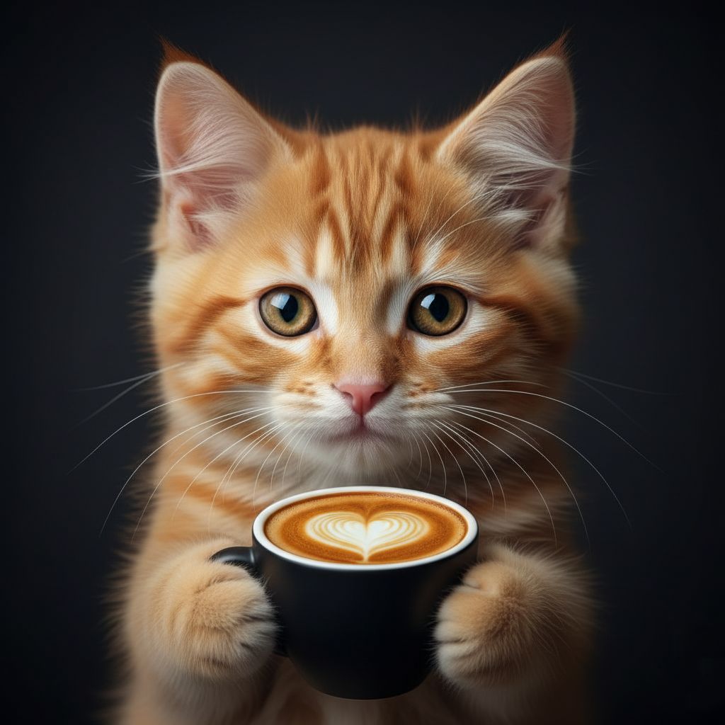 Close-up of a fluffy, warm orange Tabby (Ginger) kitten with an inviting expression, holding a small white coffee cup with both paws against a simple dark background. The image conveys warmth and welcome.