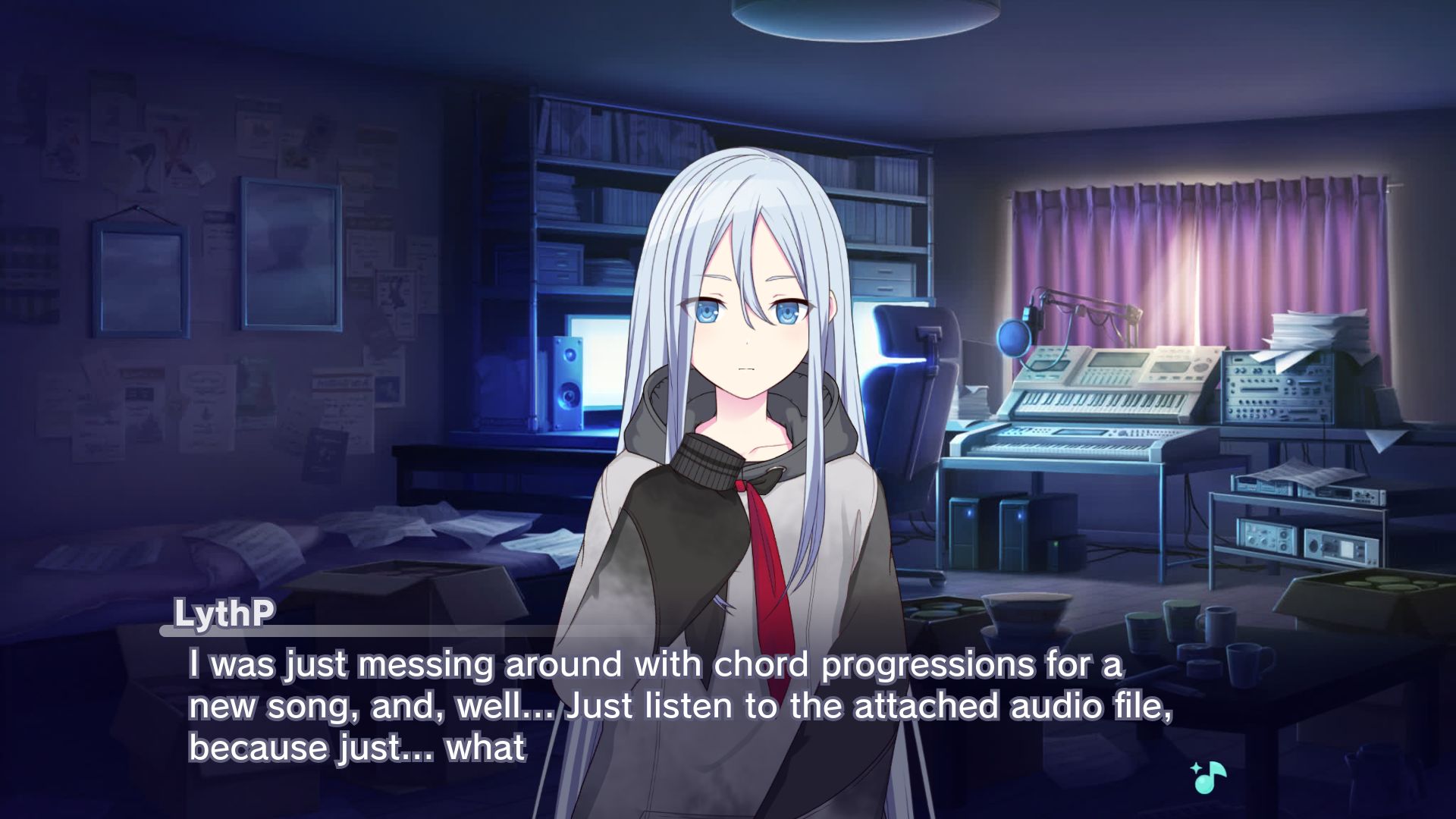 LythP follows up from image 1 with "I was just messing around with chord progressions for a new song, and, well... Just listen to the attached audio file, because just... what"