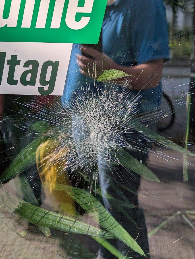 Ein Netzwerk von Glassprüngen in einer Fensterscheibe.