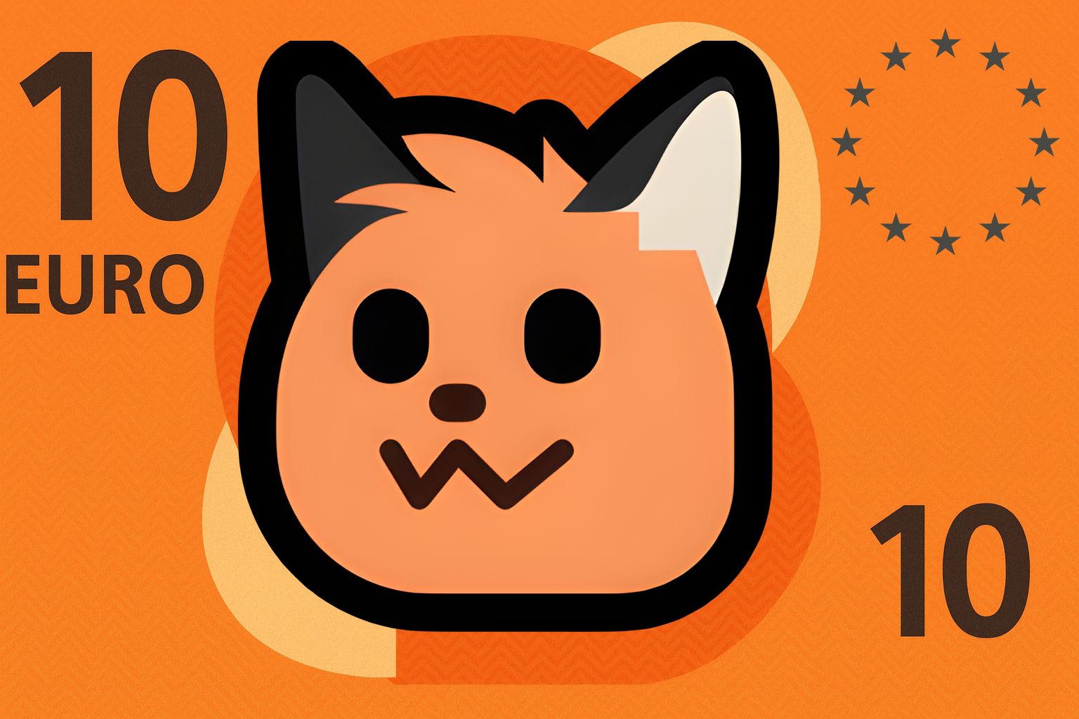 A cute neofox appears on an orange 10-Euro banknote. The cat's face is mostly orange with black and cream-colored ears. The number "10" and the word "EURO" are on the left, and a circle of 12 stars, like on the European Union flag, is on the top right. Another "10" is on the bottom right.