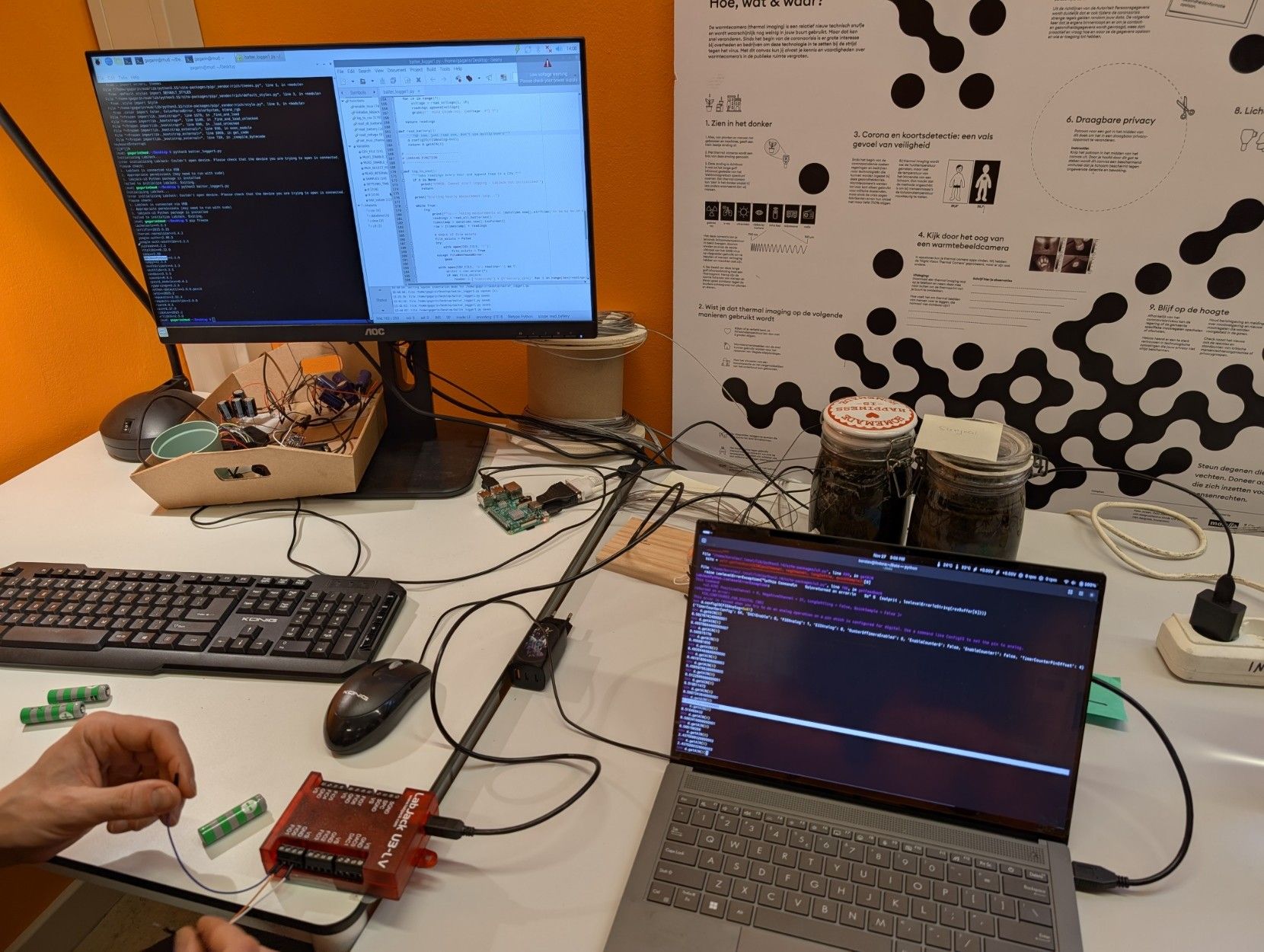 Python code, mud jars, a laptop, a Raspberry Pi