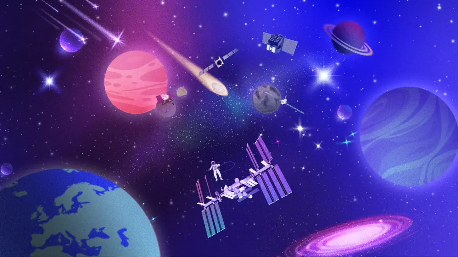 Illustration colorée de l’espace montrant la Terre au premier plan, la Station spatiale internationale avec une astronaute en sortie extravéhiculaire, plusieurs satellites, des planètes du Système solaire, des astéroïdes et une comète traversant un ciel étoilé aux tons violets et bleus.© Wat, 2025
