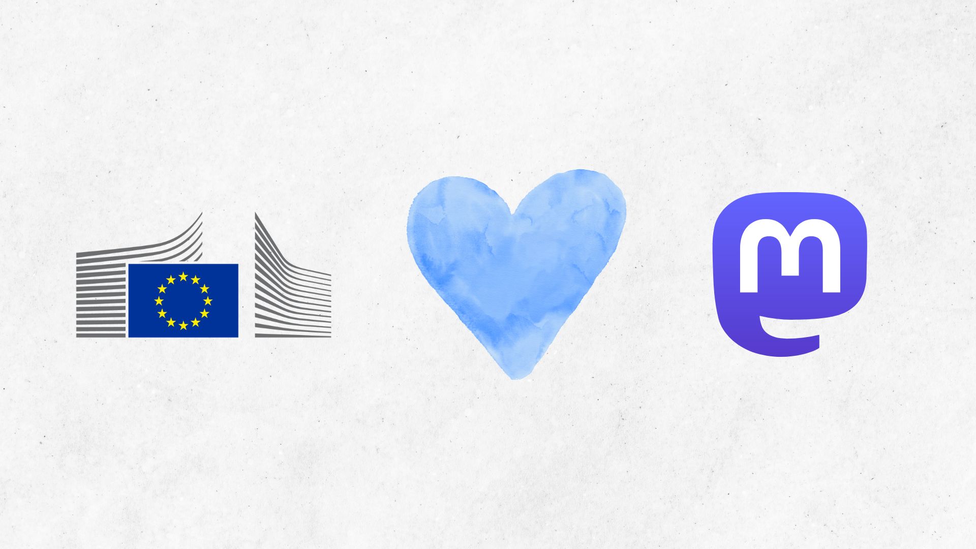 A visual showing the logo of the European Commission joined by a blue heart with the logo of Mastodon. 