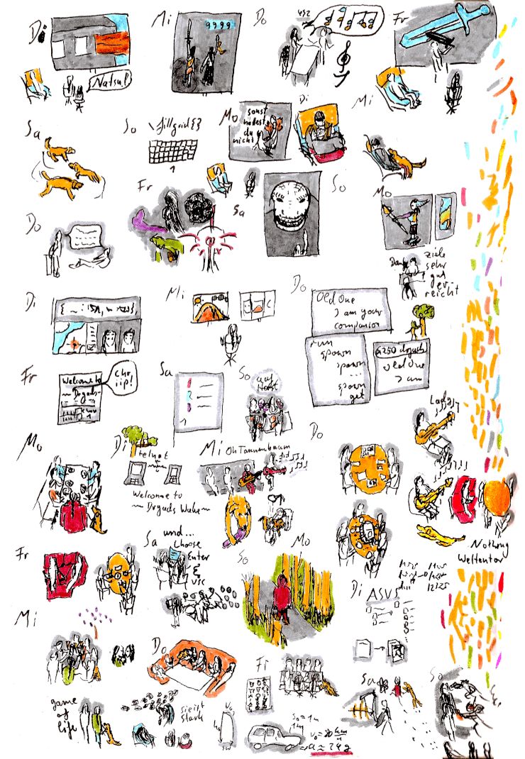 Rough, small sketches in ink with the best experience for almost every day in the timeframe.

The base is lineart in black and gray, often colored with sky blue, grass green, sun orange, or earth yellow as highlight-colors. On the side there is a streak of colors where I clean the pens after they take up black ink.

Many sketches show watching Anime, several show singing or music with Guitar. A few show programming. One shows a red-cloaked man walking in the forest.

ONe shows the trailer of Divinity. One shows tow computers communicating.

Many show a dog. Many others sitting around a table with family.

Please take care of yourself. You are worthy of experiencing joy.