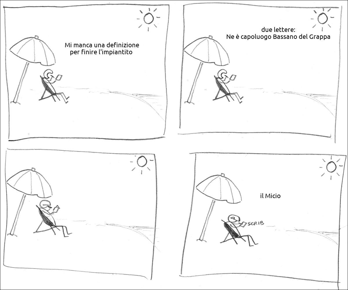 Un tizio sulla spiaggia sotto l'ombrellone dice: «Mi manca una definizione per finire l'impiantito »
Il tizio dice: «due lettere: Ne è capoluogo Bassano del Grappa»
Il tizio pensa
Il tizio scrive: il Micio
