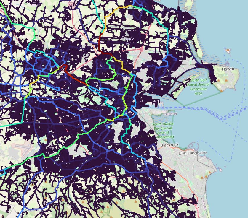 Map of Dublin with many roads in dark blue and some in red