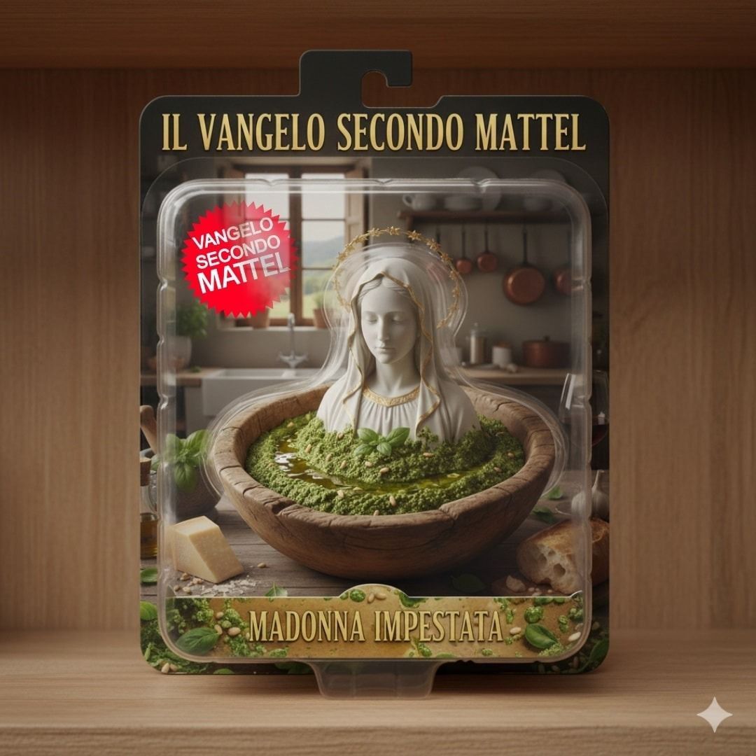 Una immagine probabilmente AI con una confezione tipo blister da giocattolo con base in cartone e plastica trasparente. Dentro una madonna amezzo busto dentro una ciotola di legno piena di pesto.
Sotto la scritta MADONNA IMPESTATA
Sopra il logo "vangelo secondo Mattel"
Sullo sfondo una cucina casalinga.