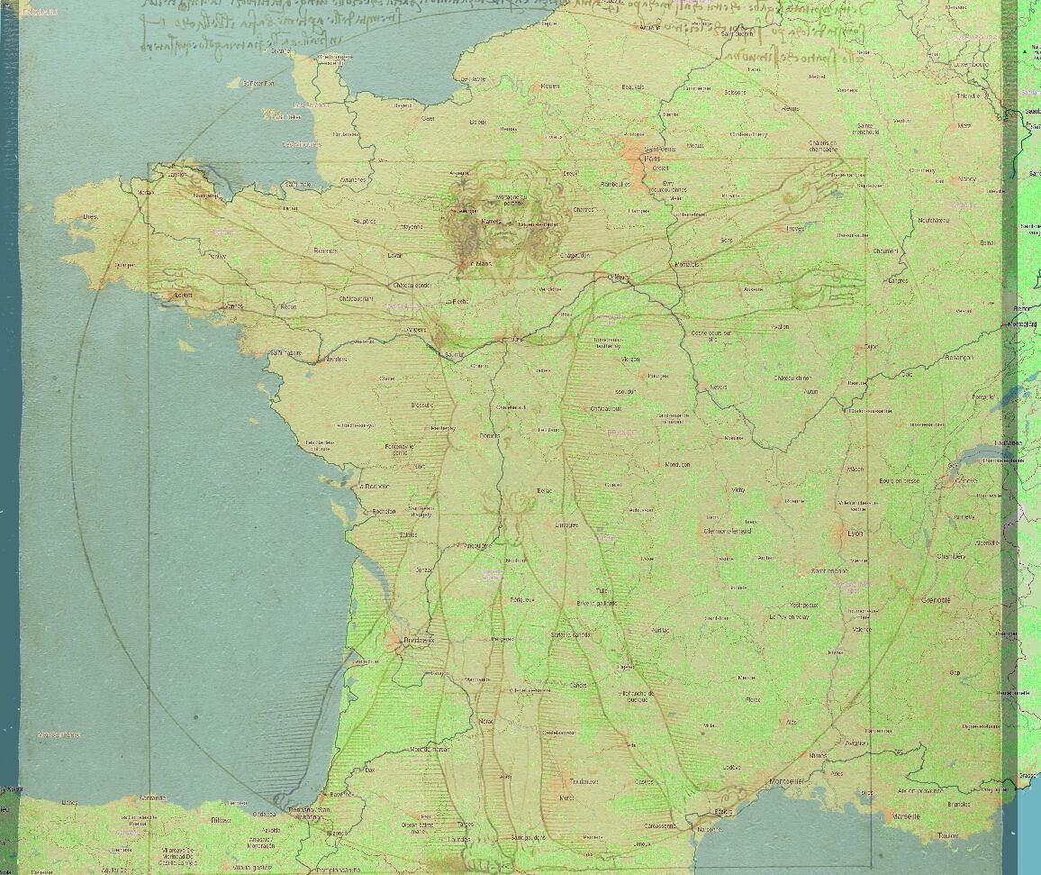 Carte de France, avec l'homme de Léonard dessiné en front de l'Hexagone. Le... truc coquin... est sur le centre de la France