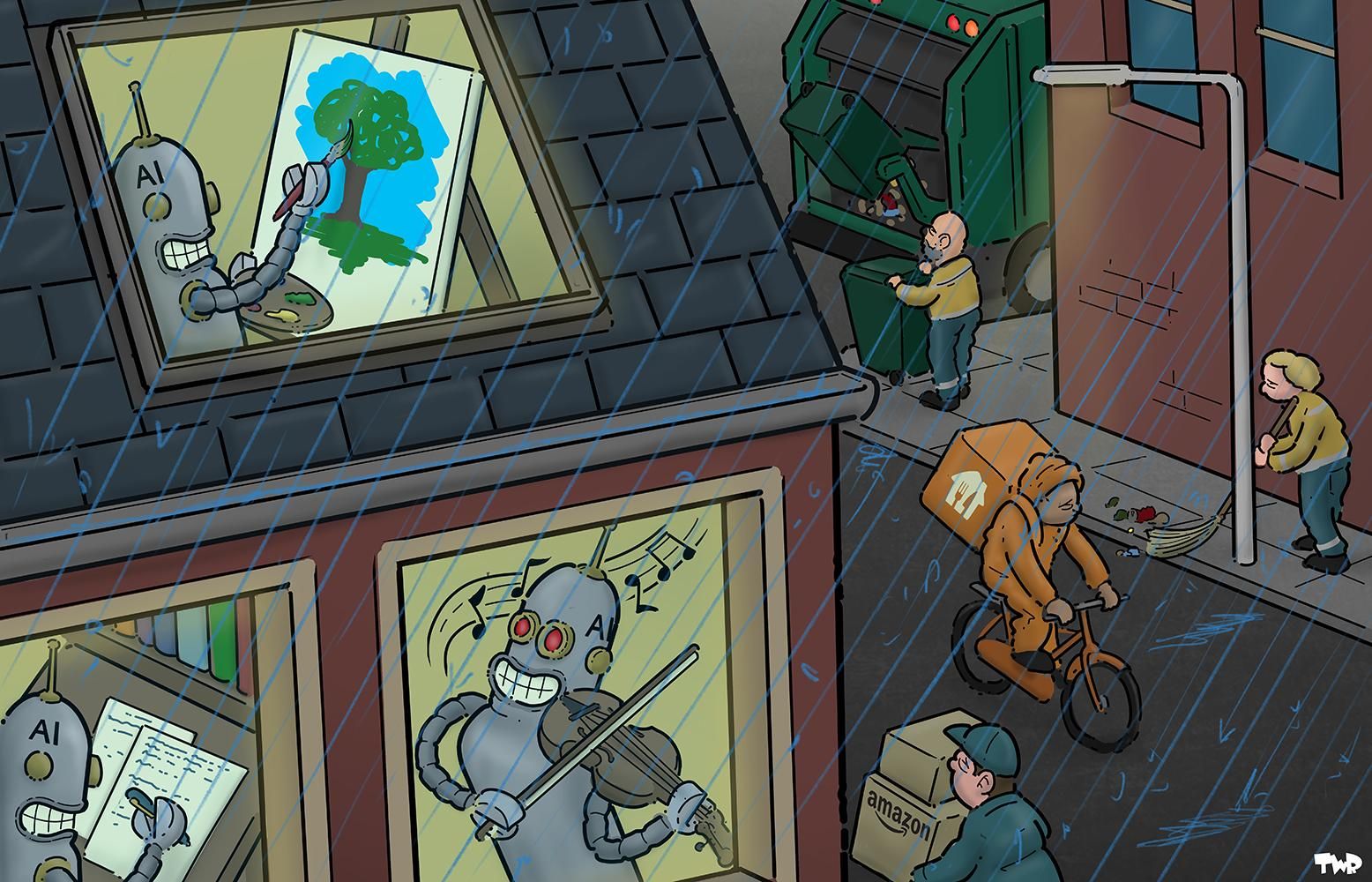 Cartoon showing a street in the rain. A man on a bike is delivering food, while another courier is delivering packages from Amazon. Two other workers are collecting garbage. Inside one of the houses on the street, we see robots labeled 'AI' sitting dry and warm, engaged in making a paining, playing the violin and writing.