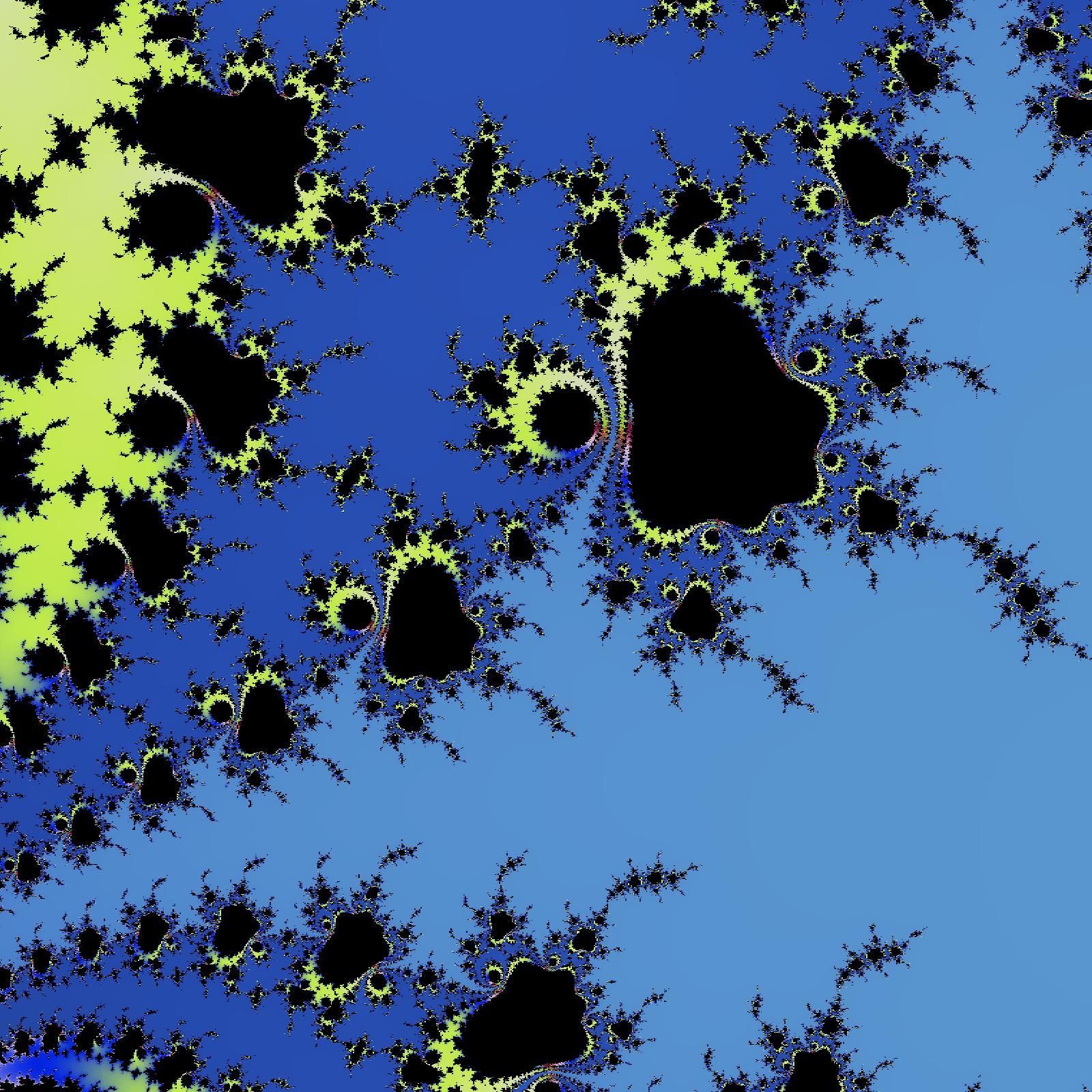 A render of the mandelbrot set using randomised colours. The centre point is -1.2037207549247981 + 0.14510969593998593i and we are zoomed to 1.6136666719e+13 magnitude.