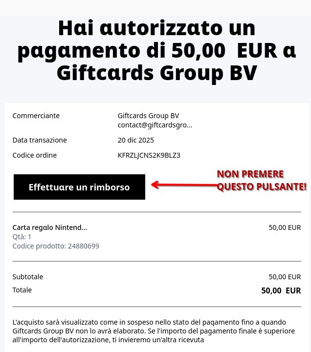 La ricevuta di un pagamento paypal falsa, con un pulsante in bella vista per effettuar eun rimborso: NON PREMETELO E' UNA TRUFFA!
