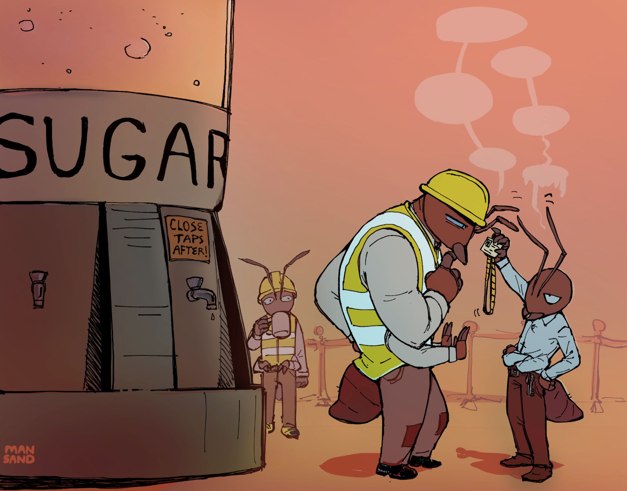 [Image Description: A large major stands outside of a sugar feeder. A smaller ant is waving a badge in her face but she isn't certain about it. Another small ant enjoys a cup of sugar water watching the interaction. ]