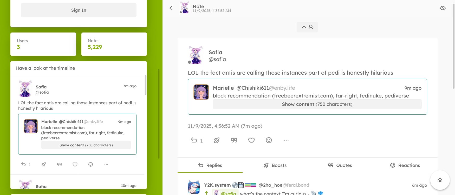 screenshot of a quote dunk of a fediblock against freebeerextremist.com, including a reply from a user on feral.bond (another pedophilic instance).