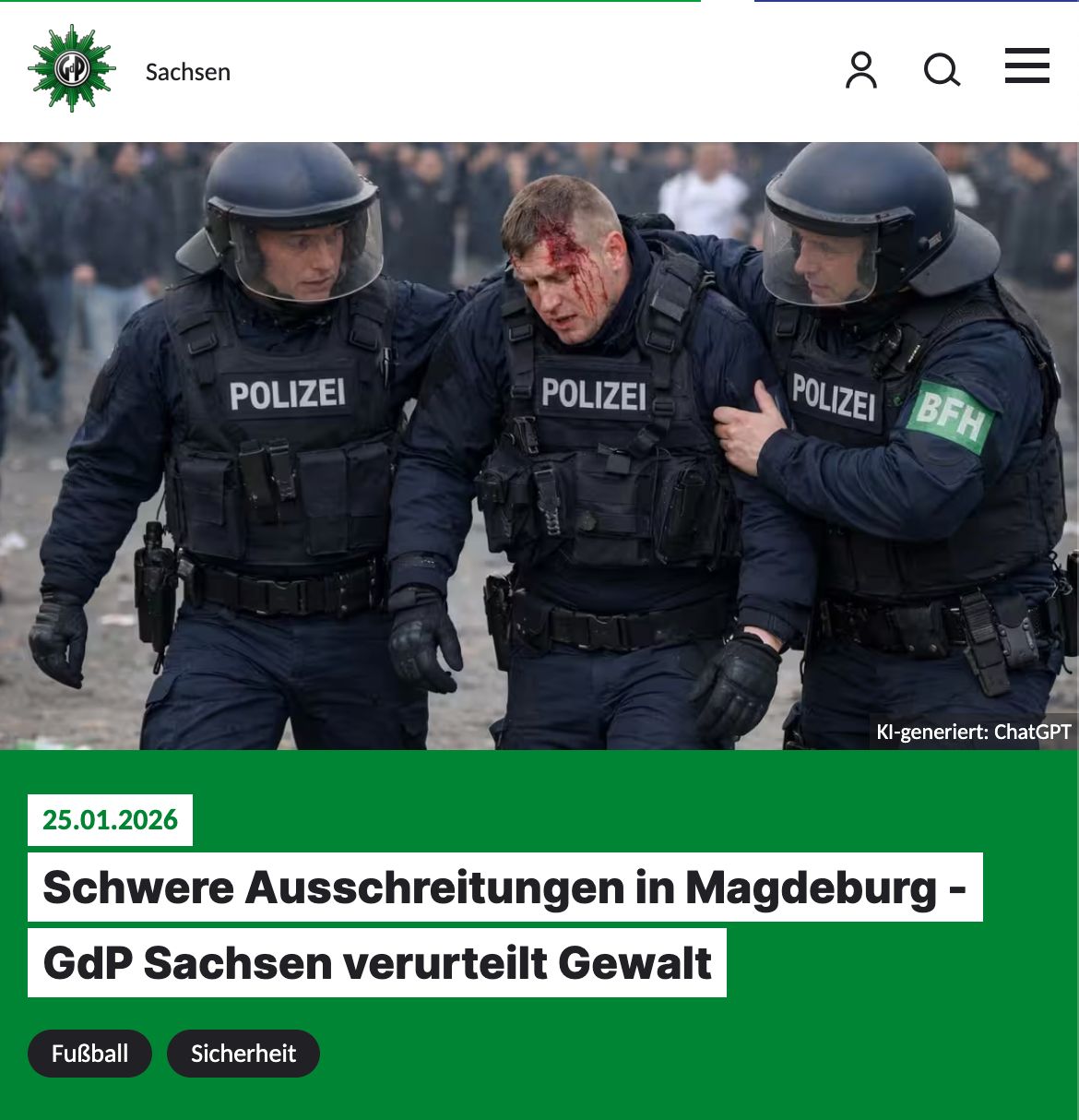 AI-generated fake image of three police officers, two holding one who is bleeding heavily from his forehead.

The image is created by the union of police officers (GdP) using ChatGPT, and shared on their official GdP website for press releases. There's only a tiny notice in the corner that signals the use of GenAI to fake this image.