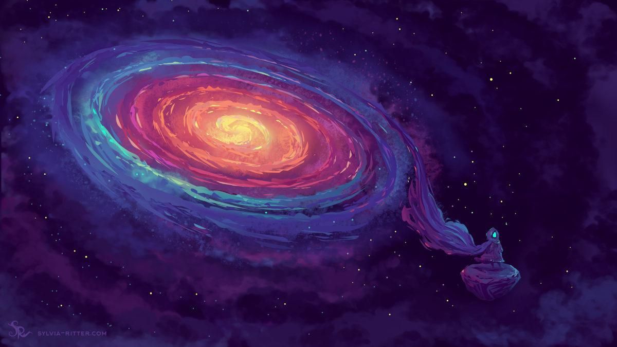 Ca(r)pe diem!

We are in space (purple, blue colors). A small figure on an asteroid is wearing a hooded coat with a long cape. The cape morphs into a colorful Milky Way. Space fog and stars orienting around this spiral form.

https://www.deviantart.com/sylviaritter/art/Speedpainting-16122025-1275921138
