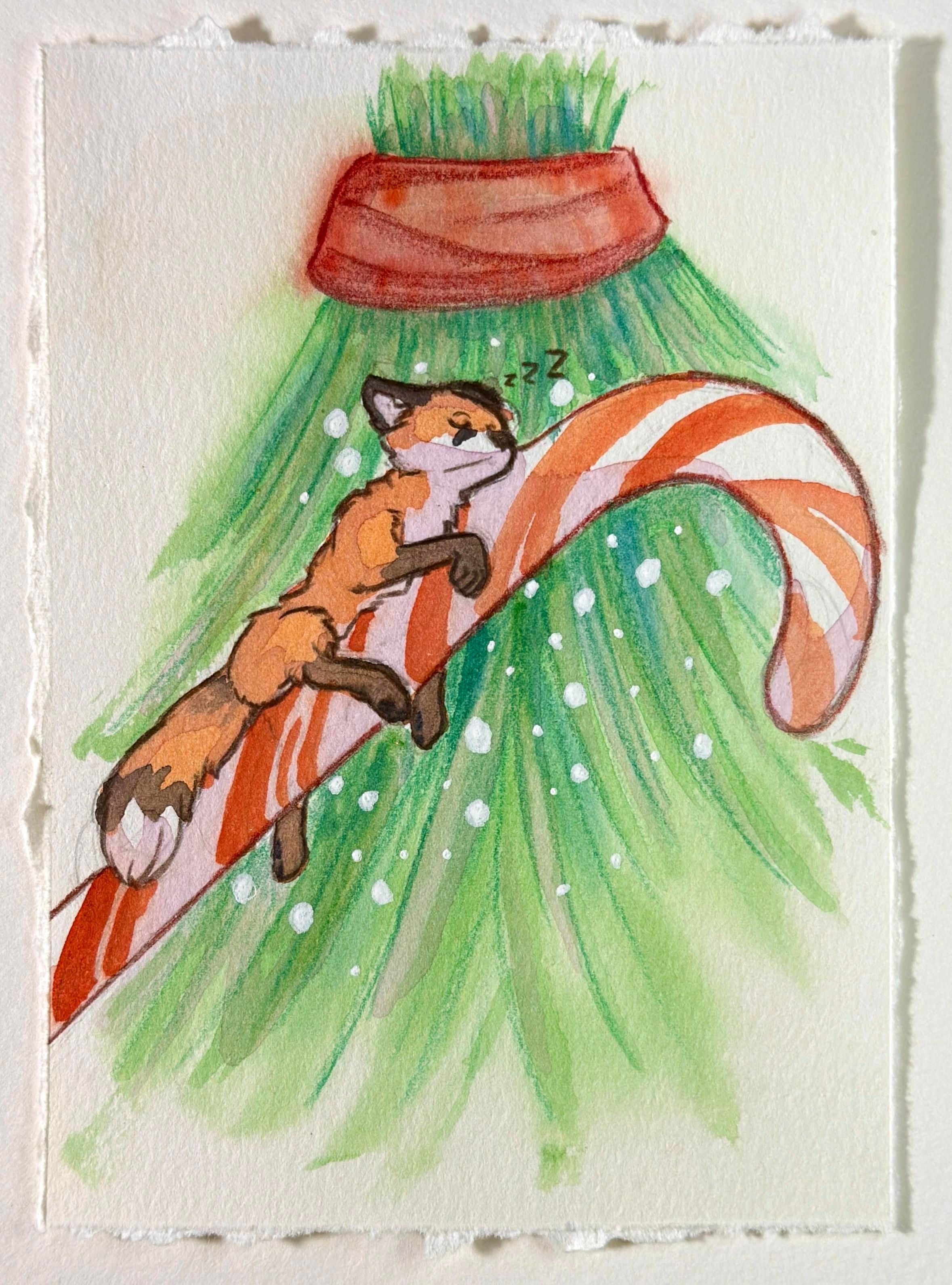A watercolor painting of a tiny fox sleeping on a candy cane in front of a mistletoe.