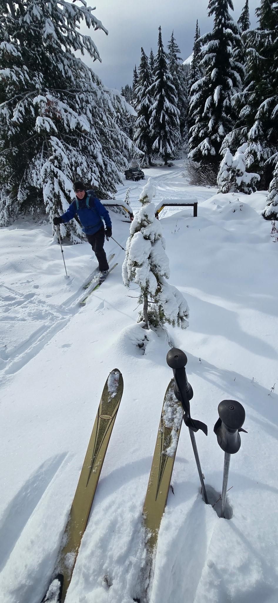 A skier in a blue jacket glides through a snowy landscape, surrounded by tall, snow-covered trees. In the foreground, ski poles and skis are partially buried in the snow. A small, snow-covered tree is nearby, while a vehicle is visible
