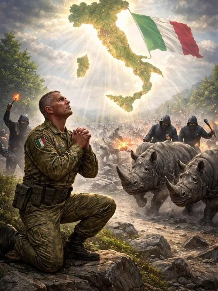 Immagine generata con la IA di un soldato italiano in ginocchio che prega con gli occhi rivolti a una immagine dell'Italia radiante in cielo, accompagnata dalla bandiera tricolore. In lontananza black block e rinoceronti si avvicinano minacciosi.