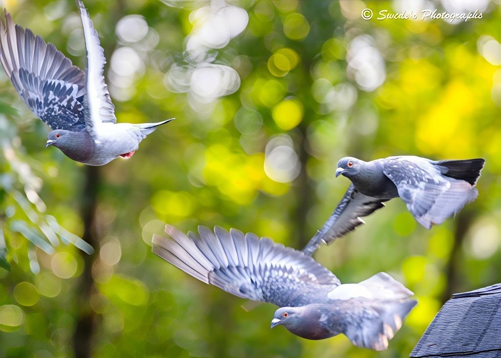 Three in the Breeze

"Three rock pigeons (Columba livia) soar through the air, their wings fully extended in a graceful arc of motion. Each bird is frozen mid-flight, revealing the intricate layering of feathers—soft grays, iridescent blues, and hints of lavender shimmer in the light. Their bodies tilt slightly, suggesting a coordinated dance through the open sky, as if caught in a moment of shared instinct and effortless rhythm.

Behind them, a lush backdrop of green foliage blurs into a dreamy bokeh, dotted with circular bursts of light that resemble sunlit pearls scattered across a forest canvas. This soft focus draws the eye to the birds, emphasizing their movement and form against the tranquil wash of nature. The composition feels alive and immediate, like a fleeting glimpse into a hidden world of motion and grace. In the top right corner, the image bears the signature “© Swade's Photographs,” a subtle mark of authorship." Copilot
