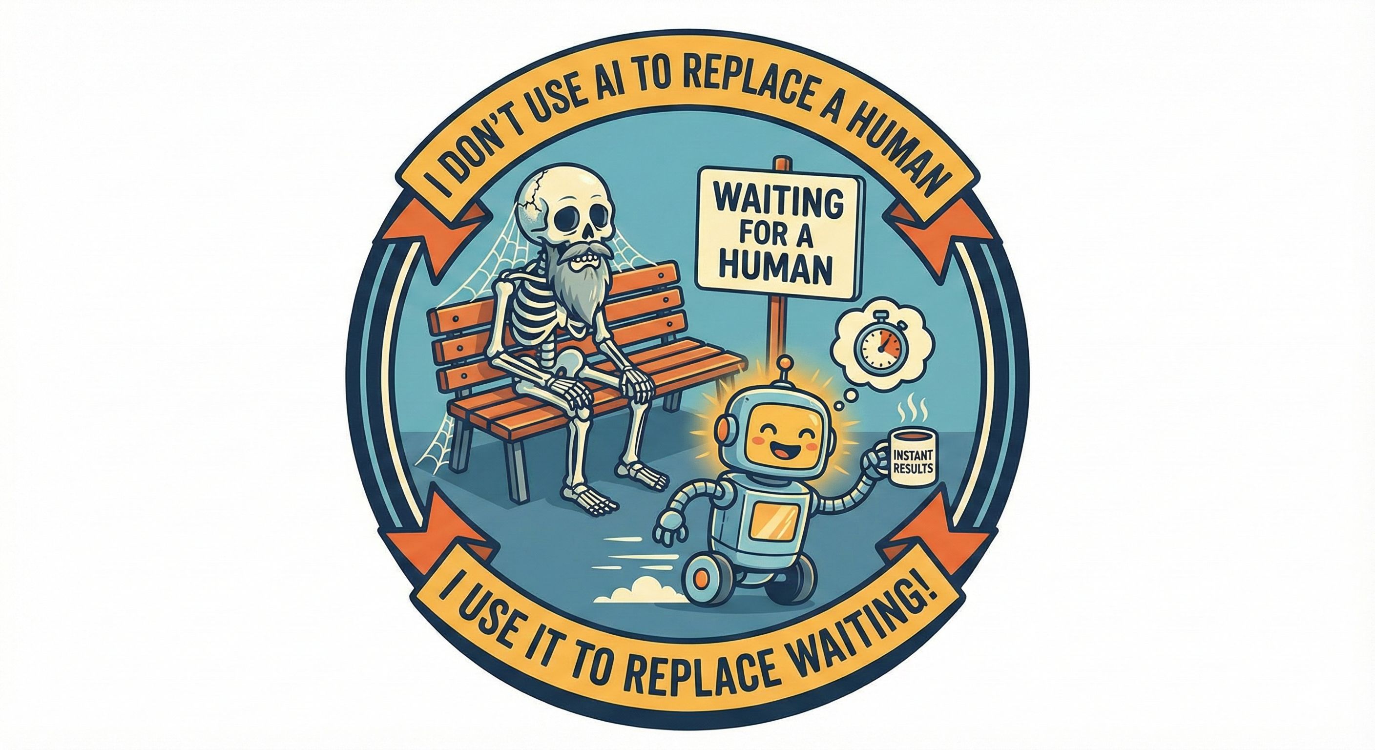 A circular cartoon badge showing a skeleton sitting on a park bench covered in cobwebs beside a sign reading “Waiting for a human.” Nearby, a smiling wheeled robot holds a steaming mug labelled “Instant Results.” Text around the border reads: “I don’t use AI to replace a human. I use it to replace waiting.