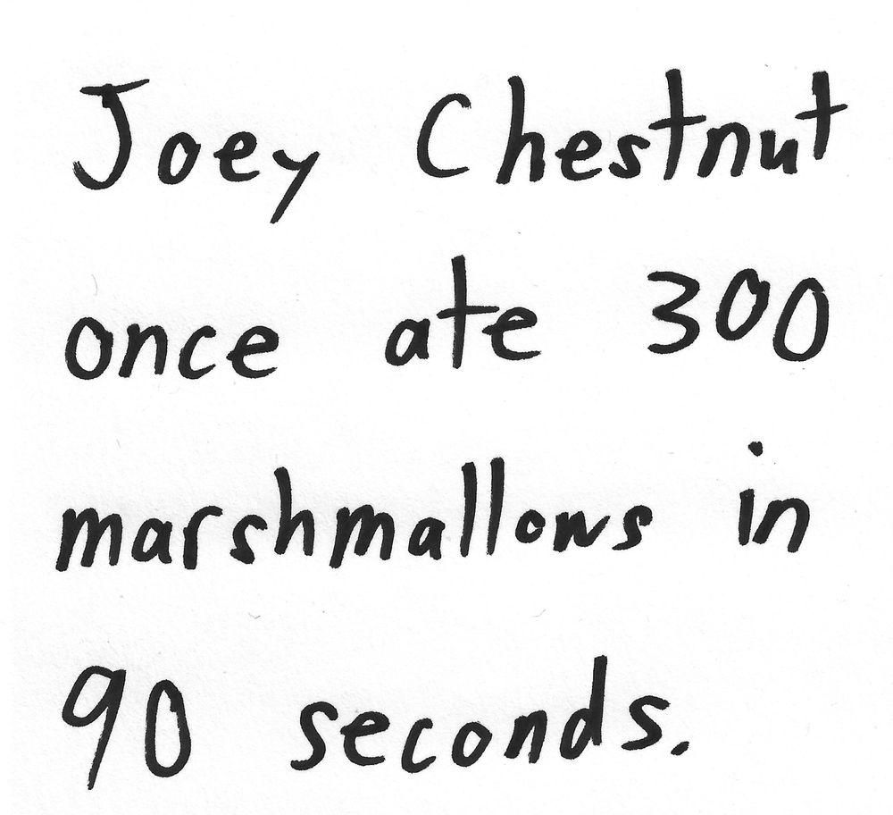 Joey Chestnut
once ate 300
marshmallows in
90 seconds.