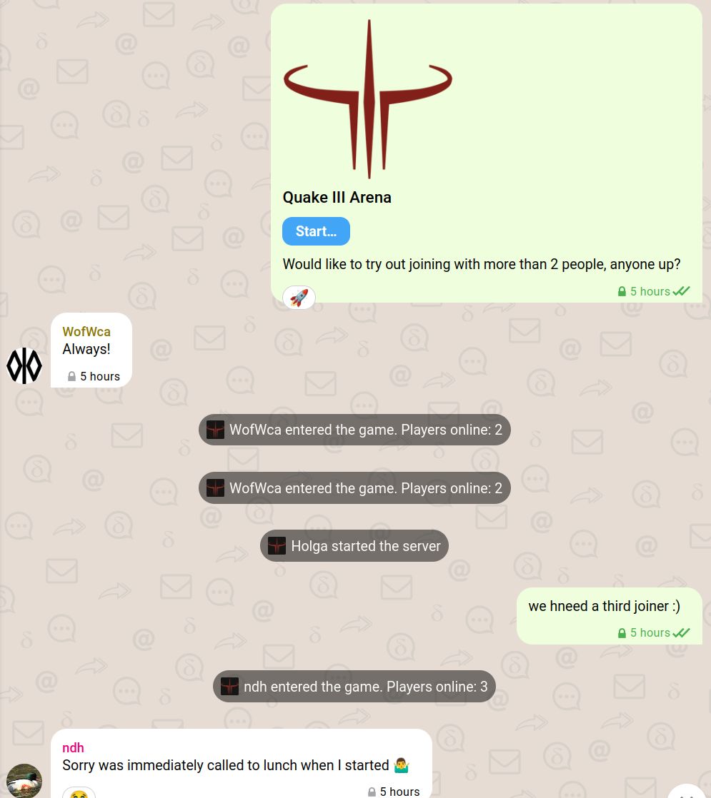 A screenshot of a Delta Chat group chat where a quake3 webxdc app is posted, showing the Quake logo, and there is a "start button".  Wofwca (the author of the quake webxdc app) immediately is ready and joins the game.  A short while later there are three people from the chat playing. 