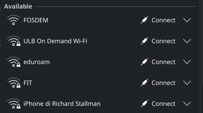 a list of local APs at fosdem, the last one is "iPhone of Richard Stallman"