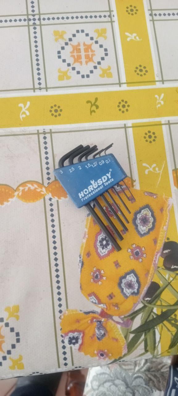 Un astuccio blu con chiavi a brugola da 3, 2.5, 2, 1.5, 1.24, 0.9, 0.7 mm.