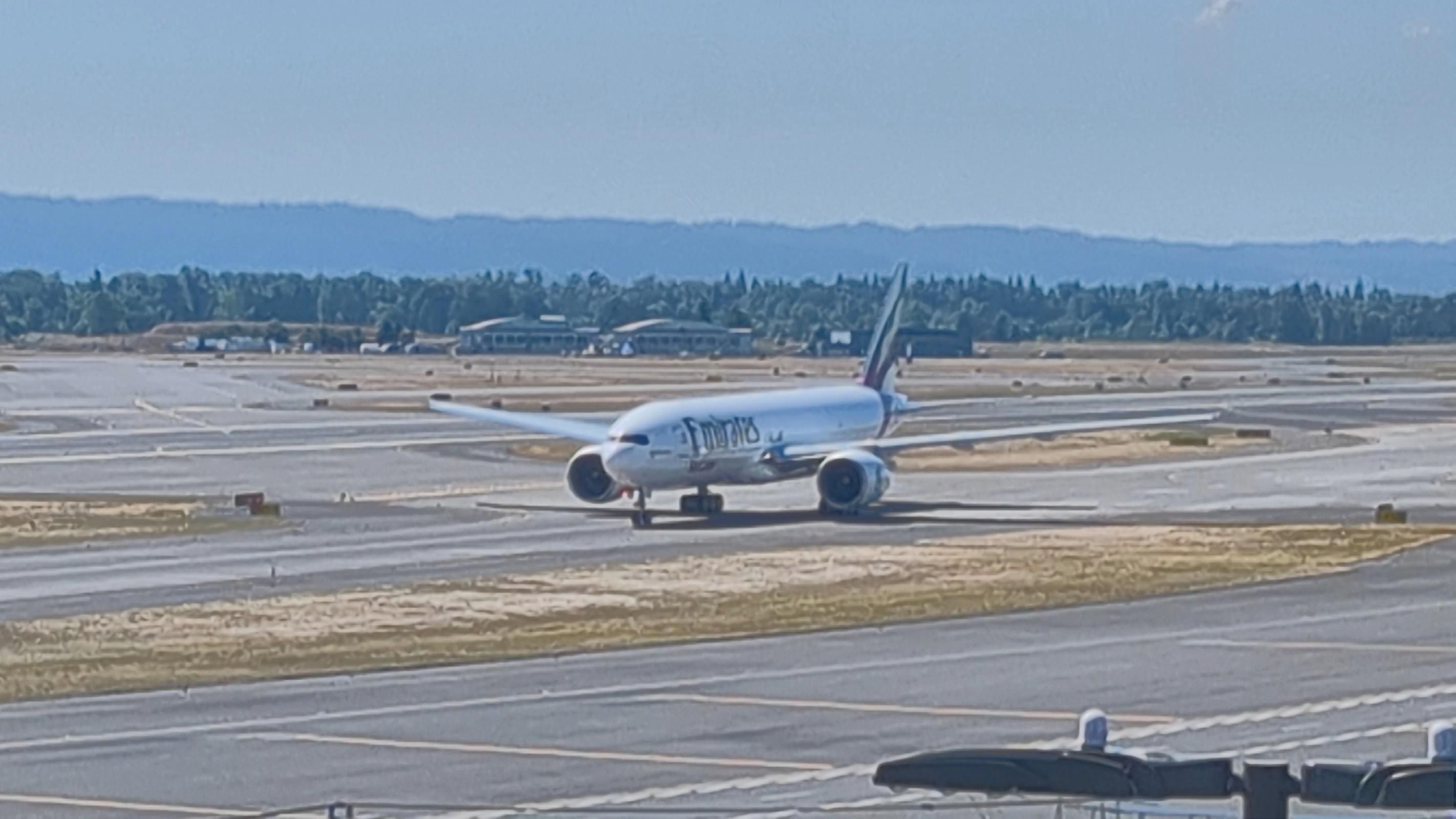 A new Boeing 777-200LR/F freighter taxiing from the Boeing Portland Paint Hangar at Portland Int'l Airport PDX for departure to Boeing Field BFI in Seattle where the customer will complete the purchase and take delivery of the plane.
photo by Ian Kluft
July 24, 2025
Portland, Oregon, USA
