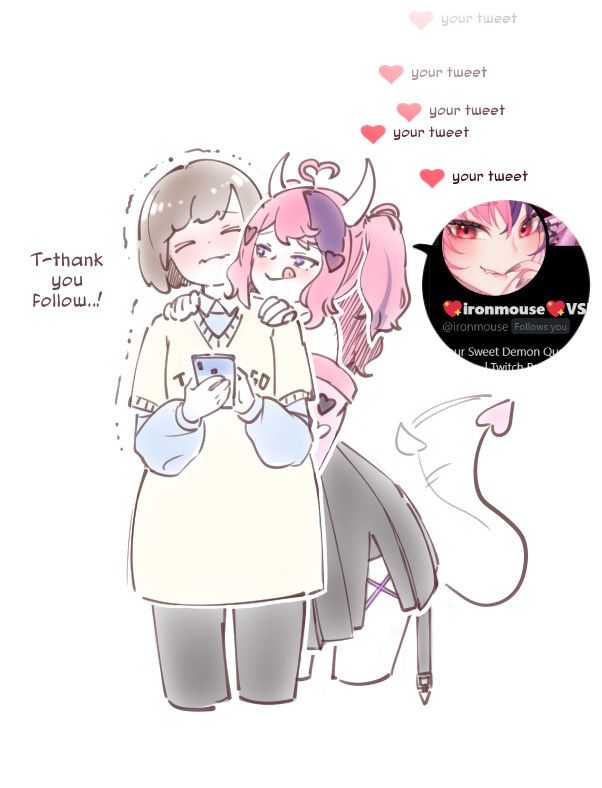 Danbooru tags: 2girls ahoge bob_cut cellphone commentary demon_girl demon_horns demon_tail english_commentary english_text heart heart_ahoge holding holding_phone horns ironmouse ironmouse_(1st_costume) multicolored_hair multiple_girls off_shoulder original phone pink_hair purple_eyes purple_hair short_sleeves smartphone streaked_hair sweater tail tail_wagging tama_gotoh tongue tongue_out two-tone_hair two_side_up virtual_youtuber vshojo yellow_sweater yoruny yuri