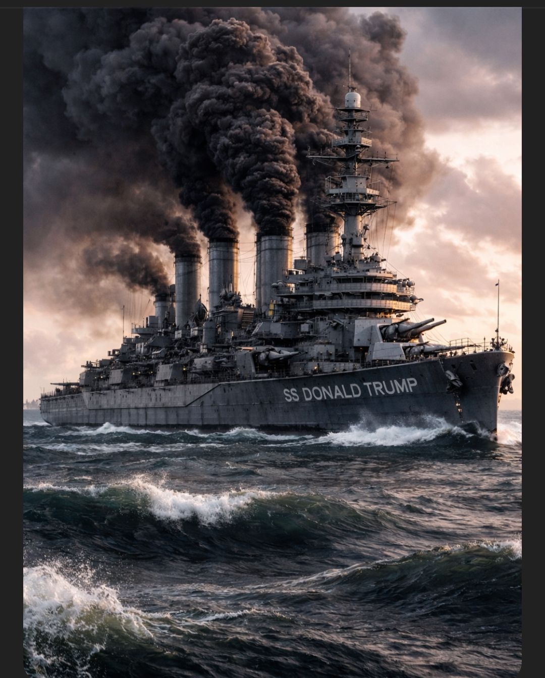 Coal burning battleship labelled SS Donald Trump, spewing black smoke from huge smokestacks