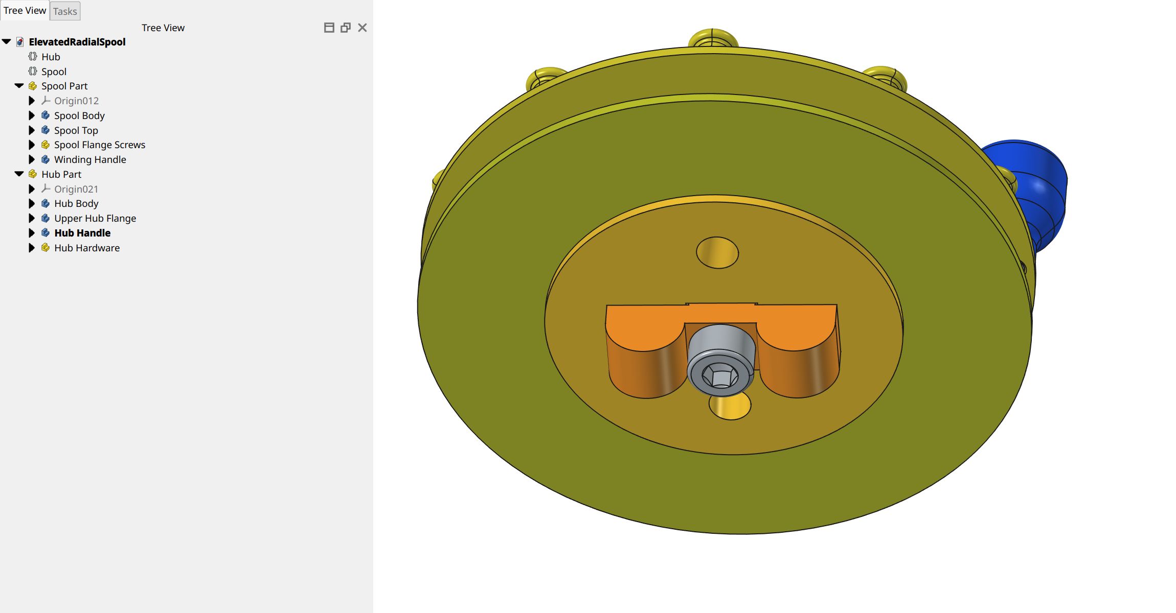 Screenshot of FreeCAD model showing bottom of modified, larger model. A small handle, shown in orange, is provided as a grip for rewinding the spool with the handle visible here in blue.