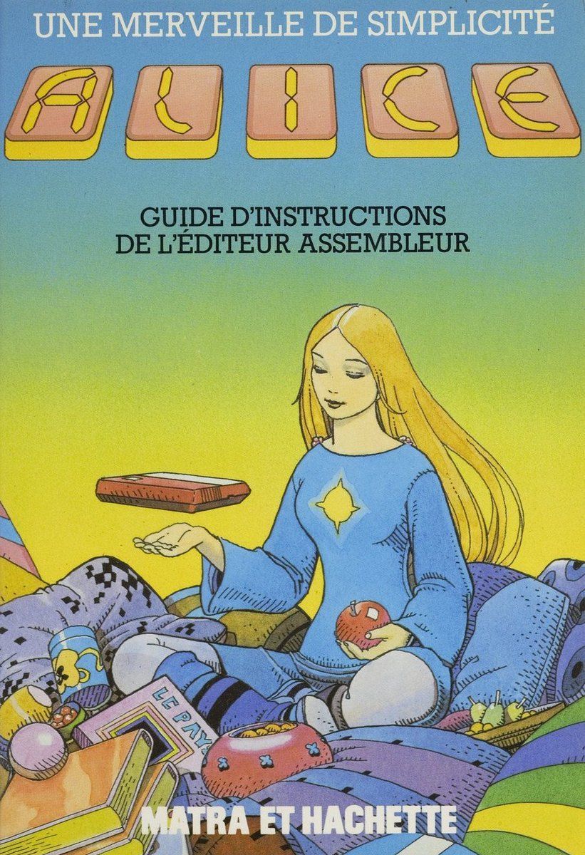 cover of the Matra Alice computer manual, a beautiful illustration in the style of moebius of a blonde girl with blue dress sitting crosslegged on cushions and levitating the bright red Matra Alice above her right hand. 