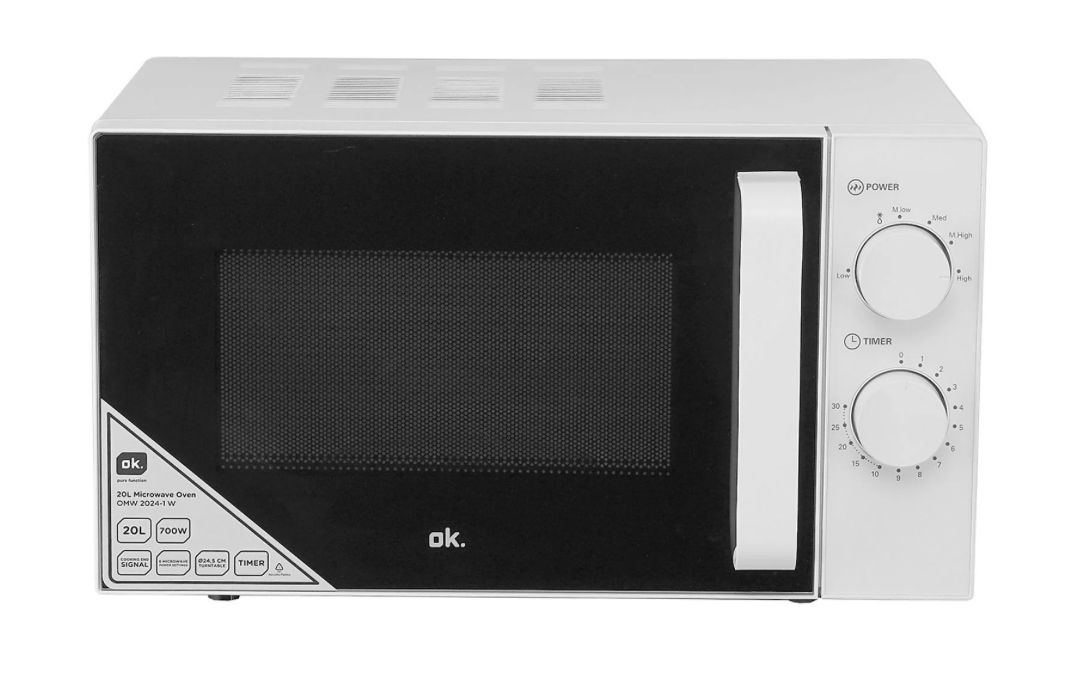 marca OK... Bianco, sportello con maniglia verticale, due manopole: Power e Timer. 