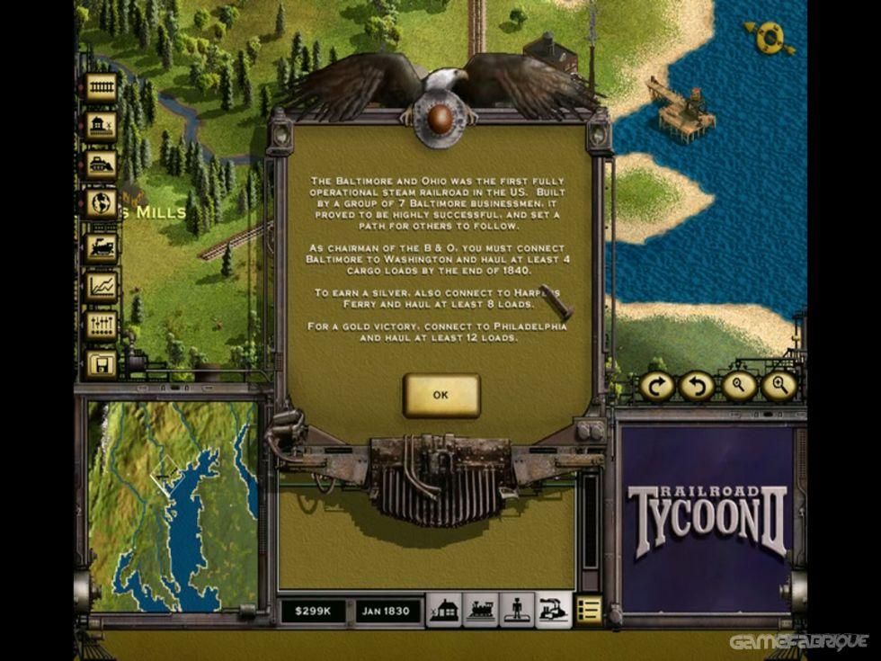screenshot of Railroad Tycoon II. Everything is styled like 19th century railroad equipment. The notification popup has a cowcatcher on it and a bald eagle